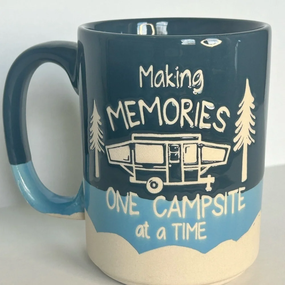 SOLD—Campsite Memories Raised Image Coffee Mug Gift Spectrum Designs Blue - Picture 3 of 7